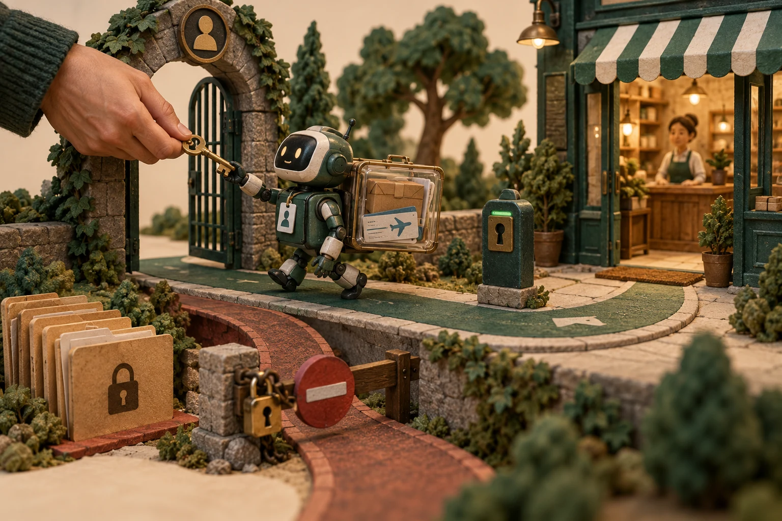 A person hands a key to a robot carrying a parcel and travel ticket toward a business, beside a locked personal folder